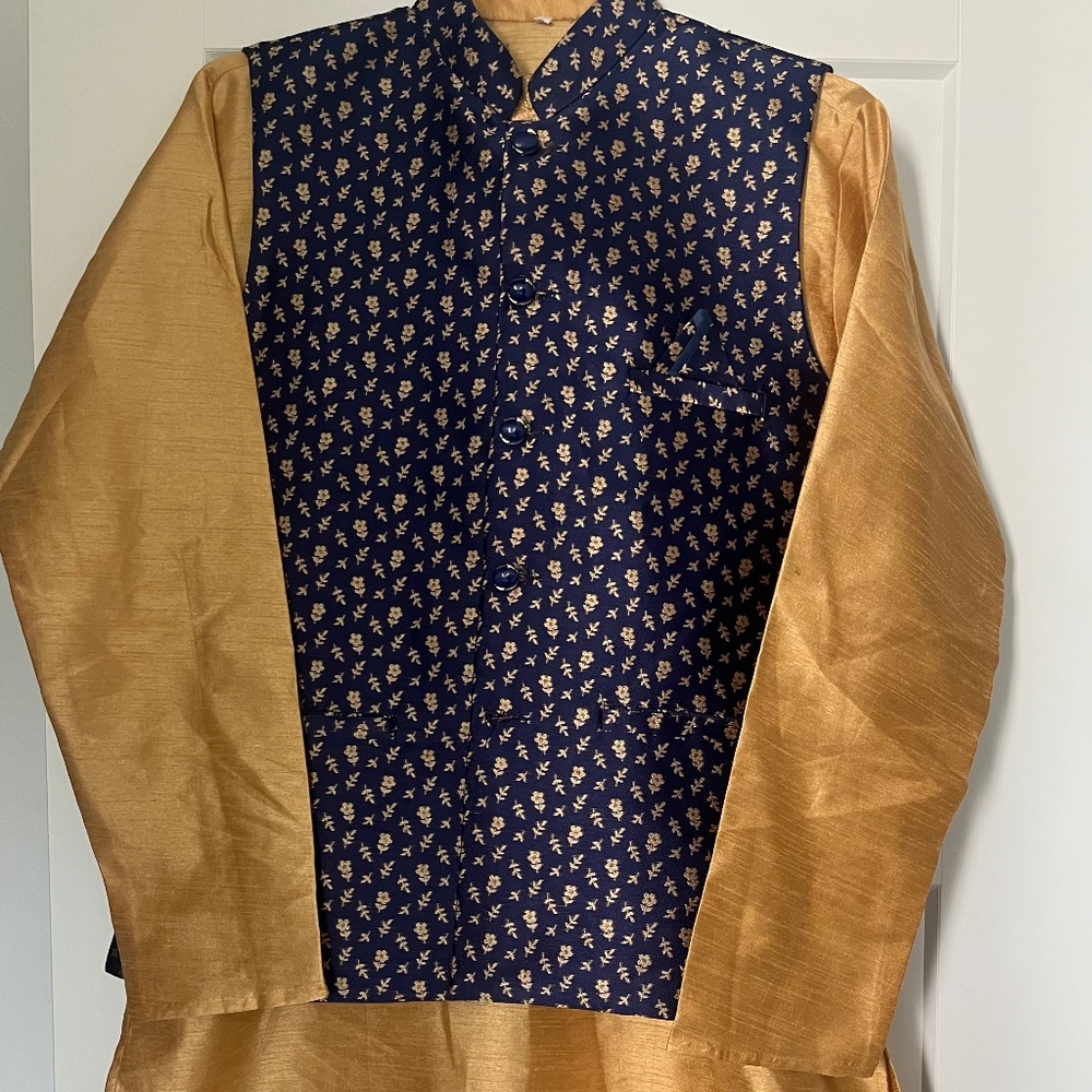 Gold Kurta & Blue Waistcoat with Pajamas